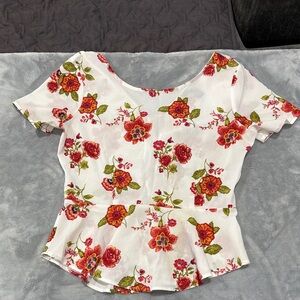Forever 21 White Floral Blouse with Red and Green Accents